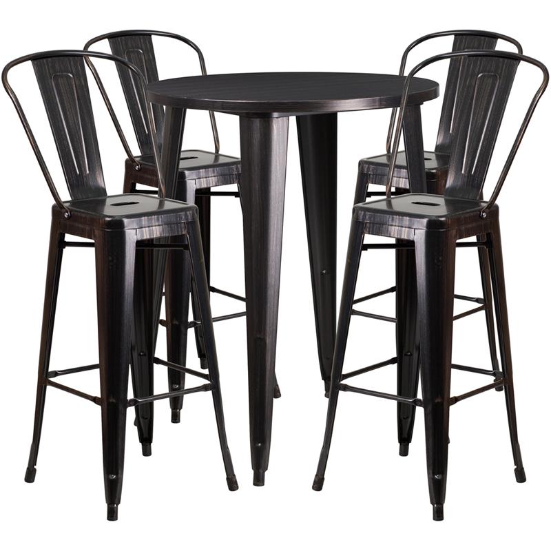 Flash Furniture 30” Round Black-Antique Gold Metal Indoor-Outdoor Bar Table Set with 4 Cafe Stools – CH-51090BH-4-30CAFE-BQ-GG Supply