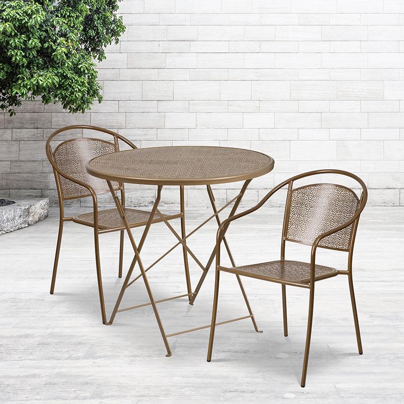 Flash Furniture 30” Round Gold Indoor-Outdoor Steel Folding Patio Table Set with 2 Round Back Chairs – CO-30RDF-03CHR2-GD-GG Fashion