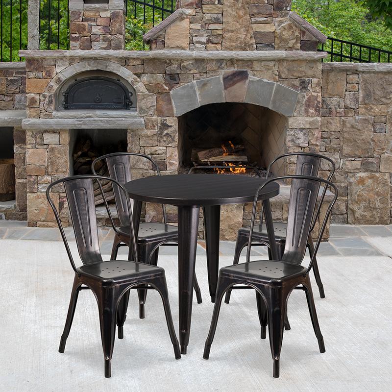 Flash Furniture 30” Round Black-Antique Gold Metal Indoor-Outdoor Table Set with 4 Cafe Chairs – CH-51090TH-4-18CAFE-BQ-GG Online Sale