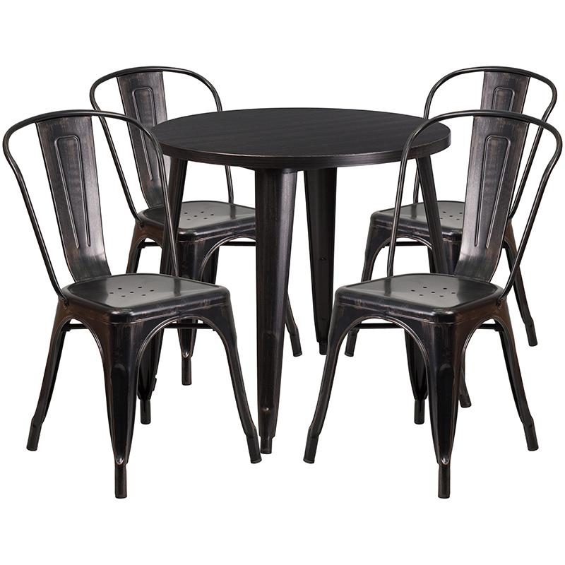 Flash Furniture 30” Round Black-Antique Gold Metal Indoor-Outdoor Table Set with 4 Cafe Chairs – CH-51090TH-4-18CAFE-BQ-GG Online Sale