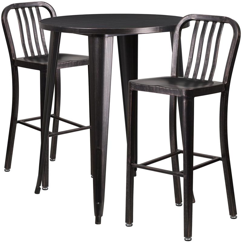 Flash Furniture 30” Round Black-Antique Gold Metal Indoor-Outdoor Bar Table Set with 2 Vertical Slat Back Stools – CH-51090BH-2-30VRT-BQ-GG Discount
