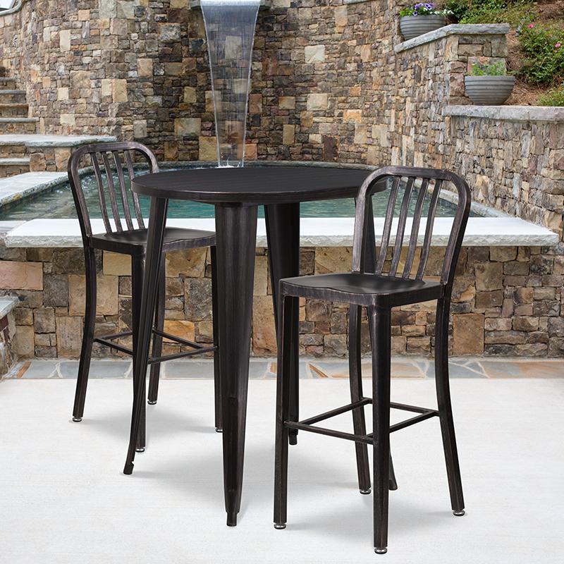 Flash Furniture 30” Round Black-Antique Gold Metal Indoor-Outdoor Bar Table Set with 2 Vertical Slat Back Stools – CH-51090BH-2-30VRT-BQ-GG Discount