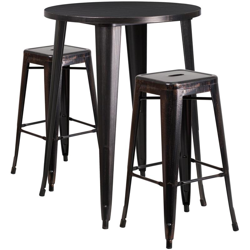 Flash Furniture 30” Round Black-Antique Gold Metal Indoor-Outdoor Bar Table Set with 2 Square Seat Backless Stools – CH-51090BH-2-30SQST-BQ-GG Sale
