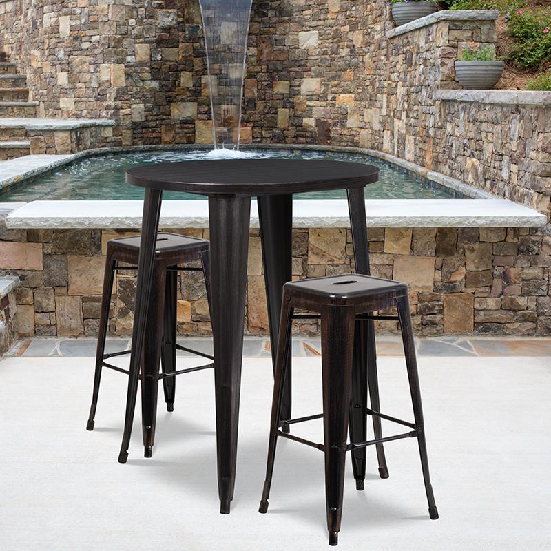 Flash Furniture 30” Round Black-Antique Gold Metal Indoor-Outdoor Bar Table Set with 2 Square Seat Backless Stools – CH-51090BH-2-30SQST-BQ-GG Sale