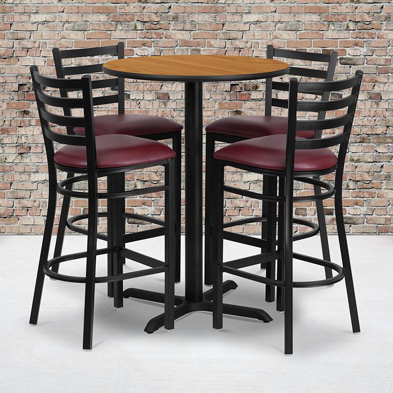 Flash Furniture 30” Round Natural Laminate Table Set with X-Base and 4 Ladder Back Metal Barstools – Burgundy Vinyl Seat – HDBF1027-GG Hot on Sale