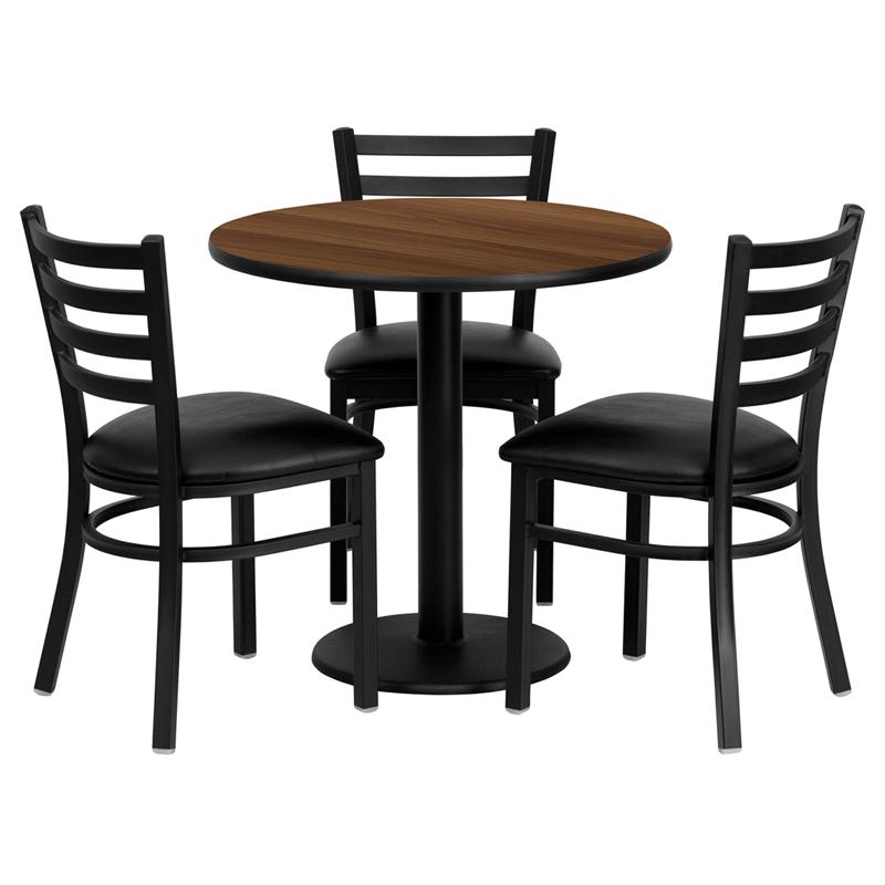 Flash Furniture 30” Round Walnut Laminate Table Set with 3 Ladder Back Metal Chairs – Black Vinyl Seat – MD-0002-GG Online Hot Sale