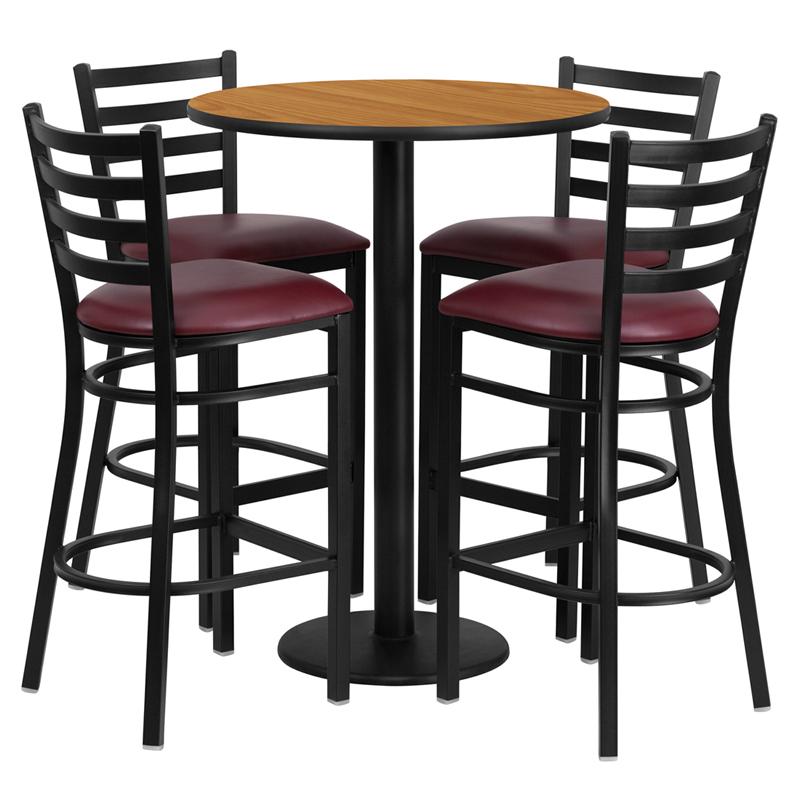 Flash Furniture 30” Round Natural Laminate Table Set with Round Base and 4 Ladder Back Metal Barstools – Burgundy Vinyl Seat – RSRB1027-GG Online