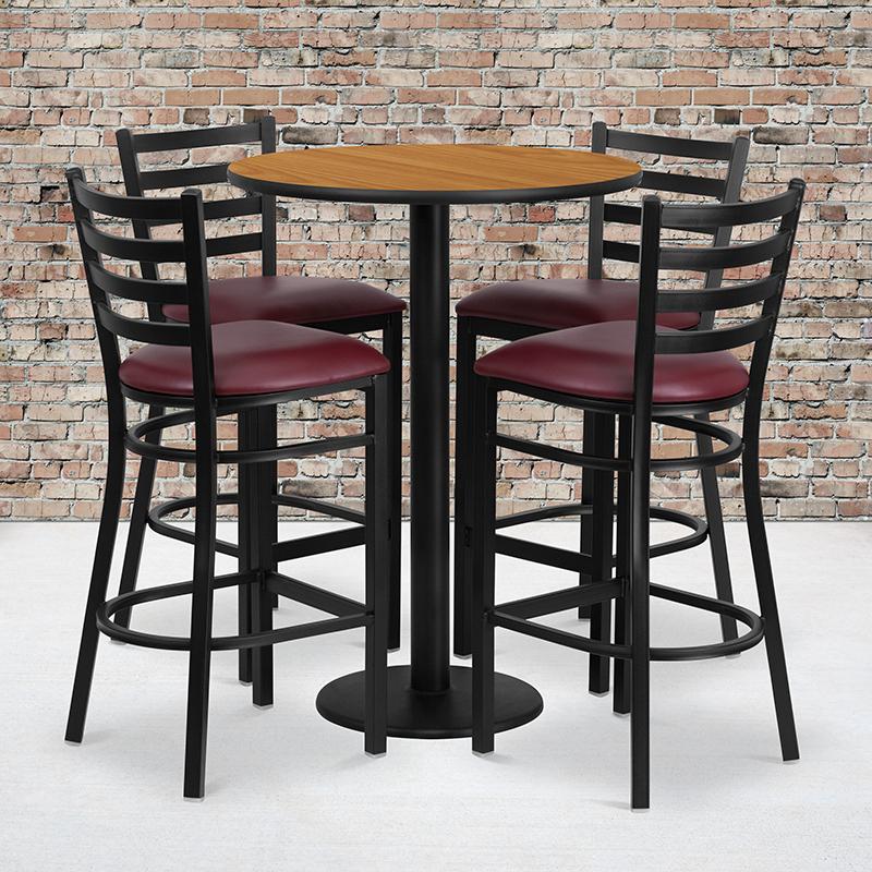 Flash Furniture 30” Round Natural Laminate Table Set with Round Base and 4 Ladder Back Metal Barstools – Burgundy Vinyl Seat – RSRB1027-GG Online