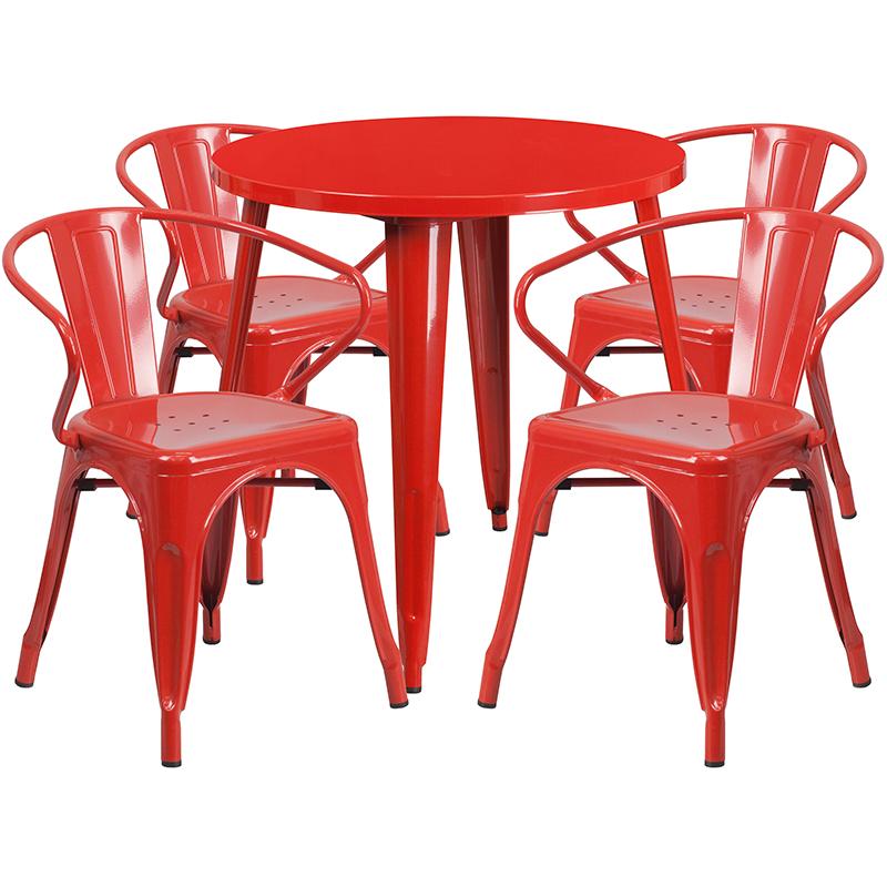 Flash Furniture 30” Round Red Metal Indoor-Outdoor Table Set with 4 Arm Chairs – CH-51090TH-4-18ARM-RED-GG Discount