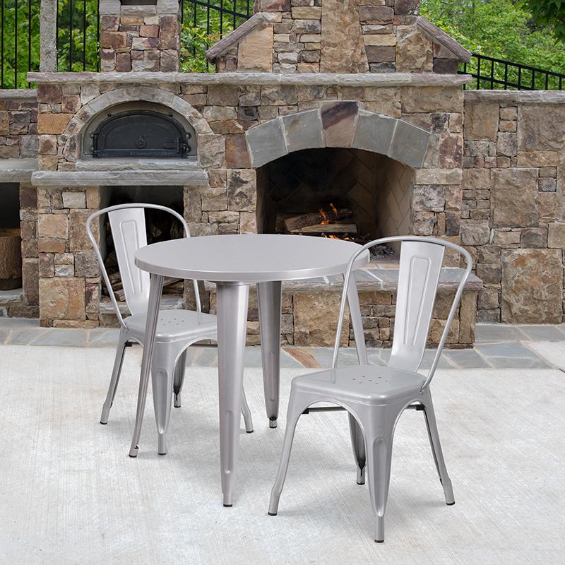 Flash Furniture 30” Round Silver Metal Indoor-Outdoor Table Set with 2 Cafe Chairs – CH-51090TH-2-18CAFE-SIL-GG Online