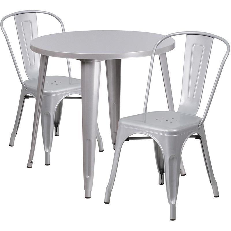 Flash Furniture 30” Round Silver Metal Indoor-Outdoor Table Set with 2 Cafe Chairs – CH-51090TH-2-18CAFE-SIL-GG Online