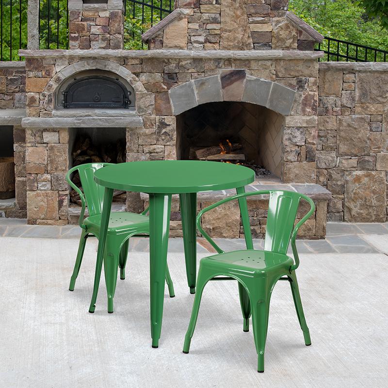 Flash Furniture 30” Round Green Metal Indoor-Outdoor Table Set with 2 Arm Chairs – CH-51090TH-2-18ARM-GN-GG Online Hot Sale
