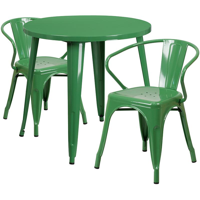 Flash Furniture 30” Round Green Metal Indoor-Outdoor Table Set with 2 Arm Chairs – CH-51090TH-2-18ARM-GN-GG Online Hot Sale