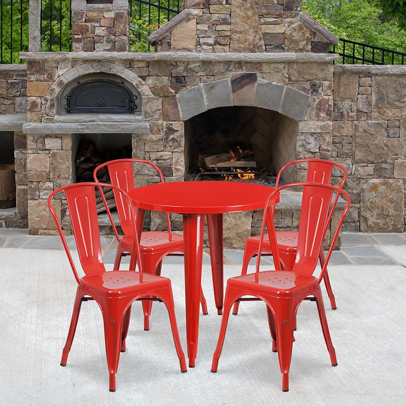Flash Furniture 30” Round Red Metal Indoor-Outdoor Table Set with 4 Cafe Chairs – CH-51090TH-4-18CAFE-RED-GG Online