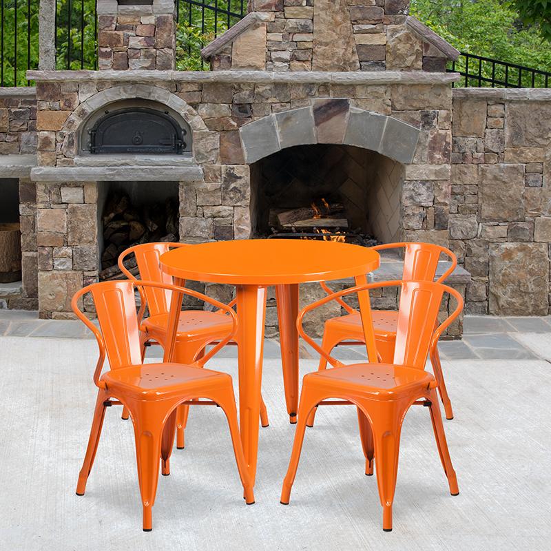Flash Furniture 30” Round Orange Metal Indoor-Outdoor Table Set with 4 Arm Chairs – CH-51090TH-4-18ARM-OR-GG Supply