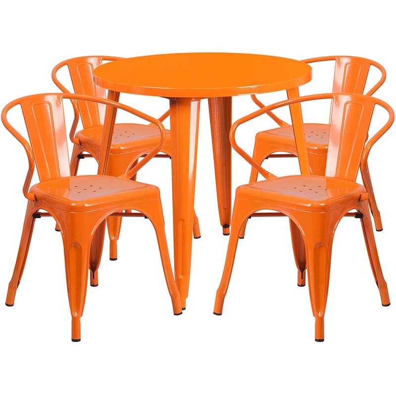 Flash Furniture 30” Round Orange Metal Indoor-Outdoor Table Set with 4 Arm Chairs – CH-51090TH-4-18ARM-OR-GG Supply
