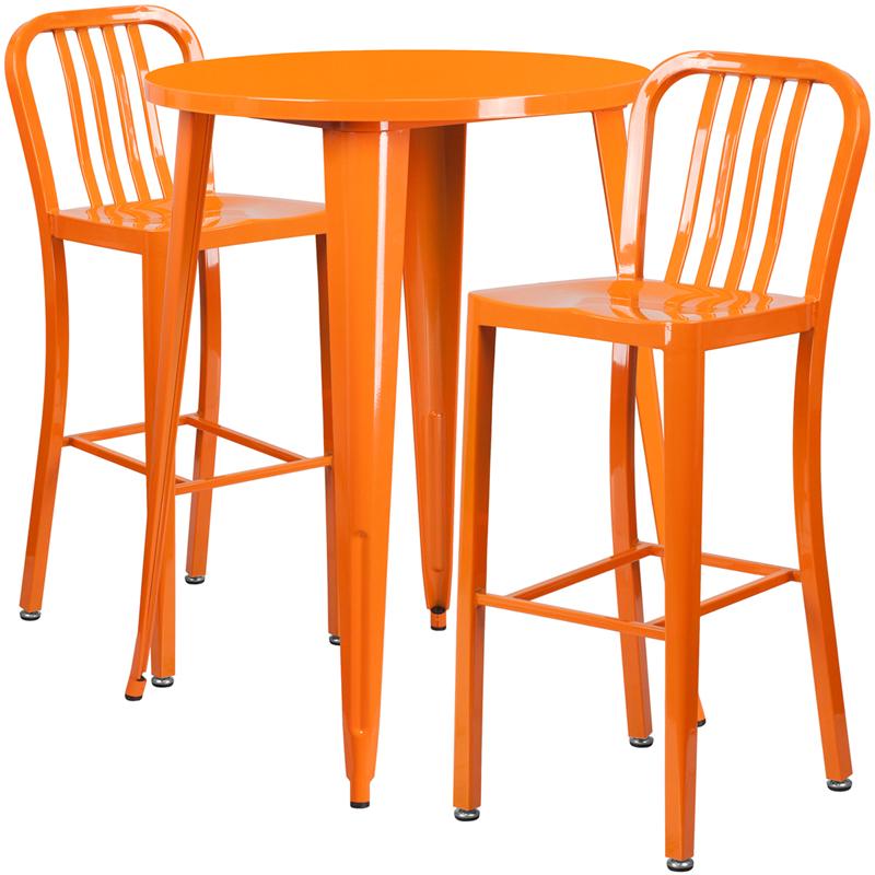 Flash Furniture 30” Round Orange Metal Indoor-Outdoor Bar Table Set with 2 Vertical Slat Back Stools – CH-51090BH-2-30VRT-OR-GG Fashion