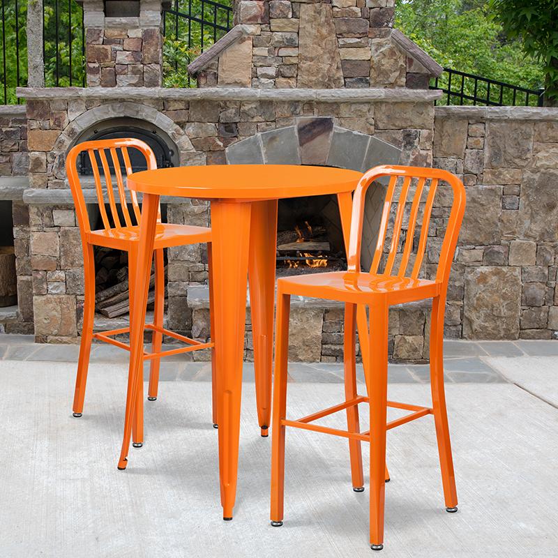 Flash Furniture 30” Round Orange Metal Indoor-Outdoor Bar Table Set with 2 Vertical Slat Back Stools – CH-51090BH-2-30VRT-OR-GG Fashion