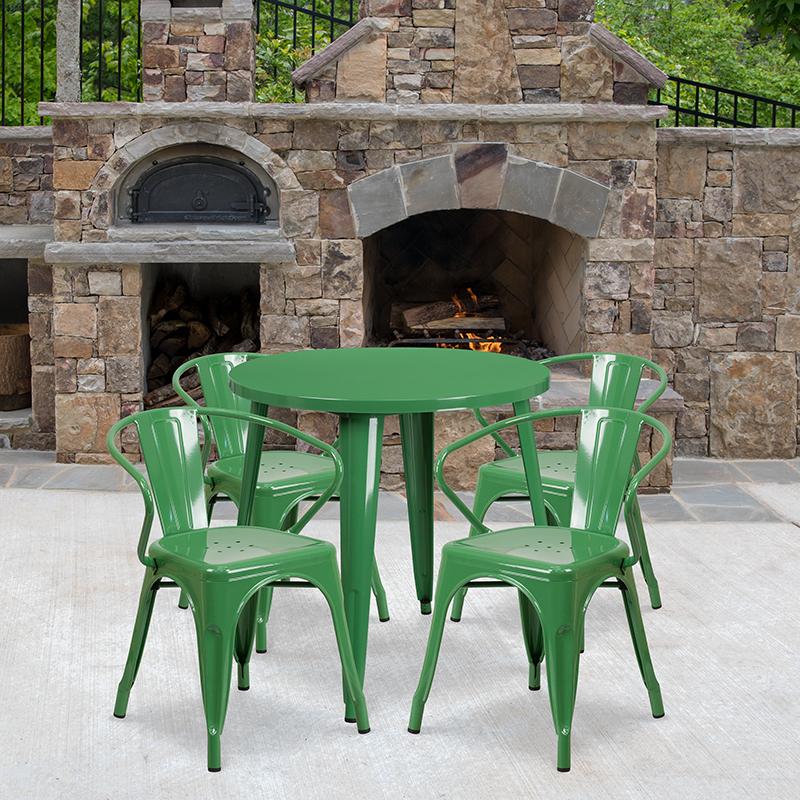 Flash Furniture 30” Round Green Metal Indoor-Outdoor Table Set with 4 Arm Chairs – CH-51090TH-4-18ARM-GN-GG Supply