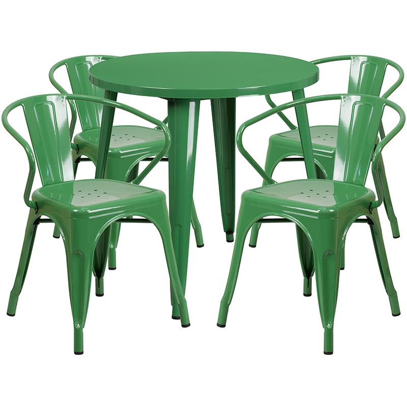 Flash Furniture 30” Round Green Metal Indoor-Outdoor Table Set with 4 Arm Chairs – CH-51090TH-4-18ARM-GN-GG Supply
