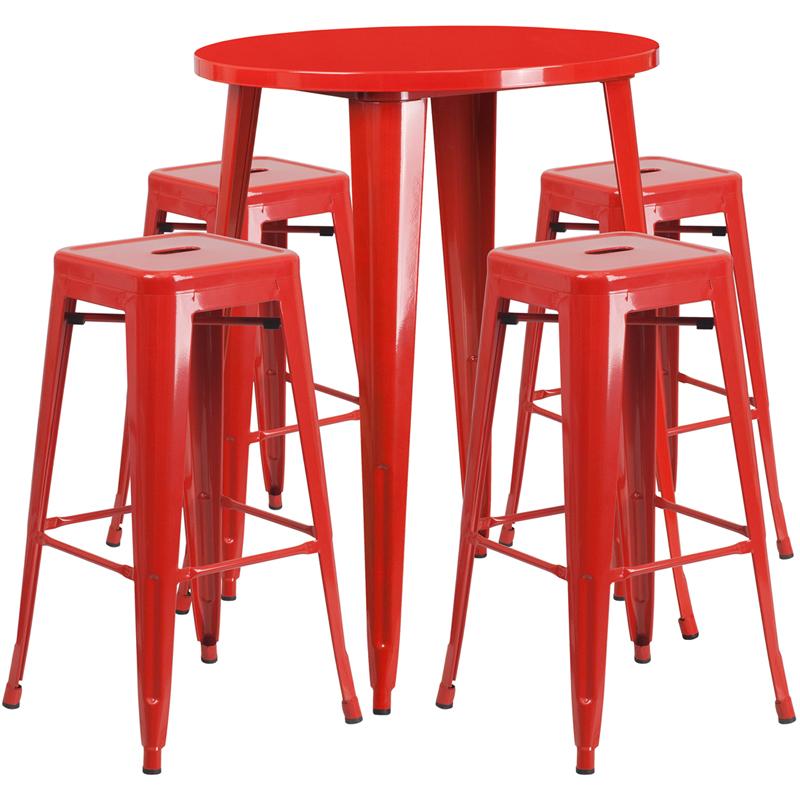 Flash Furniture 30” Round Red Metal Indoor-Outdoor Bar Table Set with 4 Square Seat Backless Stools – CH-51090BH-4-30SQST-RED-GG Online Hot Sale