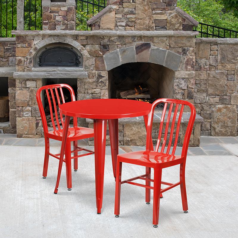 Flash Furniture 30” Round Red Metal Indoor-Outdoor Table Set with 2 Vertical Slat Back Chairs – CH-51090TH-2-18VRT-RED-GG Online now