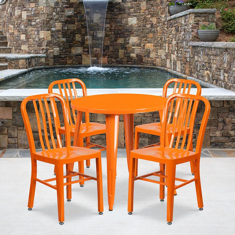 Flash Furniture 30” Round Orange Metal Indoor-Outdoor Table Set with 4 Vertical Slat Back Chairs – CH-51090TH-4-18VRT-OR-GG Online Hot Sale