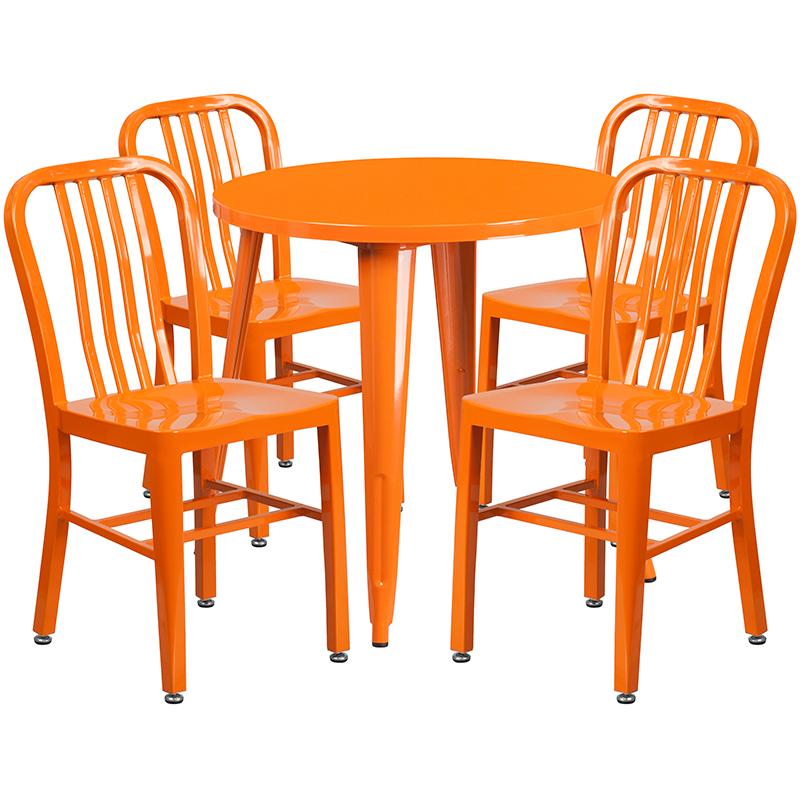 Flash Furniture 30” Round Orange Metal Indoor-Outdoor Table Set with 4 Vertical Slat Back Chairs – CH-51090TH-4-18VRT-OR-GG Online Hot Sale