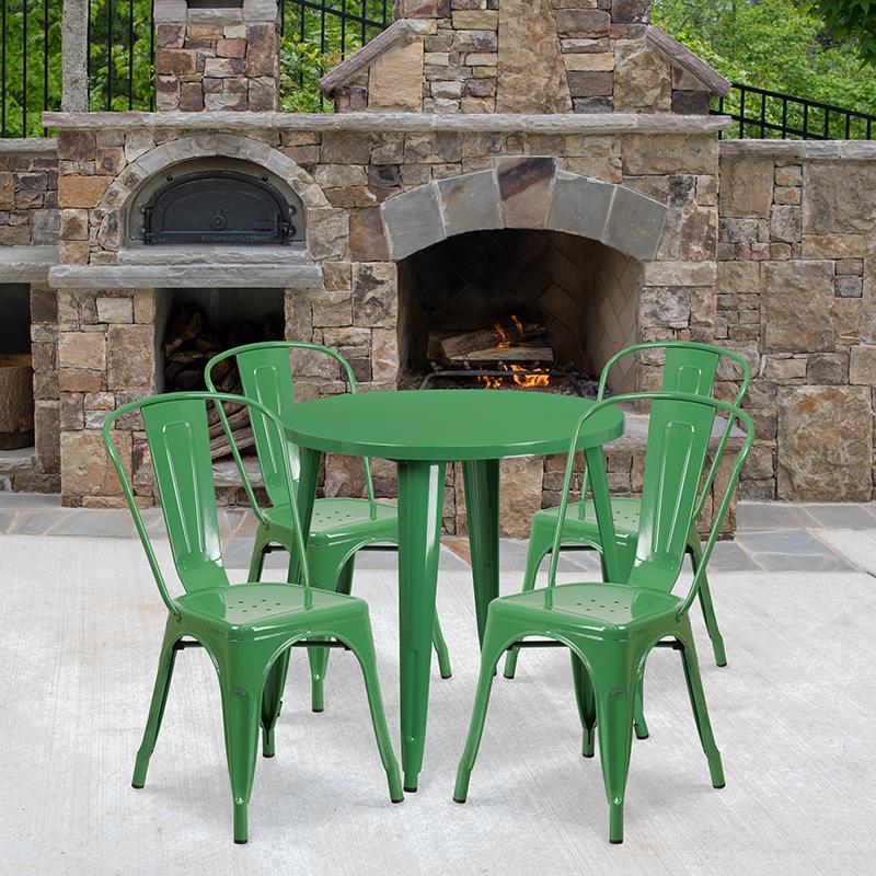 Flash Furniture 30” Round Green Metal Indoor-Outdoor Table Set with 4 Cafe Chairs – CH-51090TH-4-18CAFE-GN-GG Online now