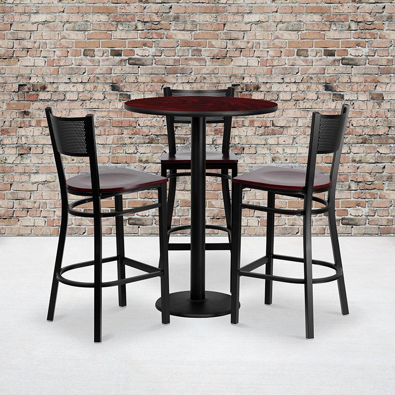 Flash Furniture 30” Round Mahogany Laminate Table Set with 3 Grid Back Metal Barstools – Mahogany Wood Seat – MD-0017-GG Online Sale