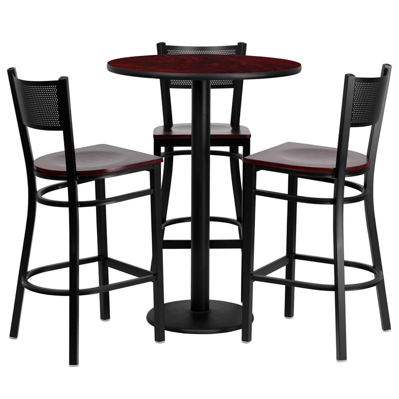 Flash Furniture 30” Round Mahogany Laminate Table Set with 3 Grid Back Metal Barstools – Mahogany Wood Seat – MD-0017-GG Online Sale