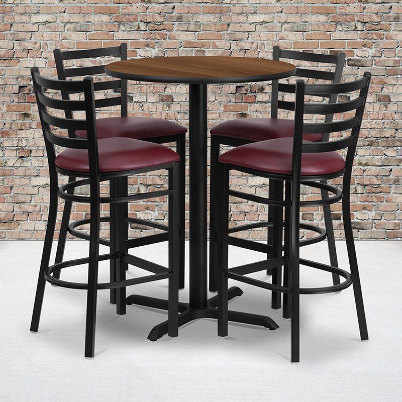 Flash Furniture 30” Round Walnut Laminate Table Set with X-Base and 4 Ladder Back Metal Barstools – Burgundy Vinyl Seat – HDBF1028-GG on Sale