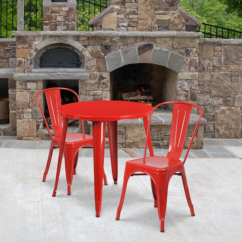 Flash Furniture 30” Round Red Metal Indoor-Outdoor Table Set with 2 Cafe Chairs – CH-51090TH-2-18CAFE-RED-GG Online now