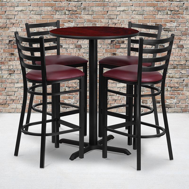 Flash Furniture 30” Round Mahogany Laminate Table Set with X-Base and 4 Ladder Back Metal Barstools – Burgundy Vinyl Seat – HDBF1026-GG Hot on Sale