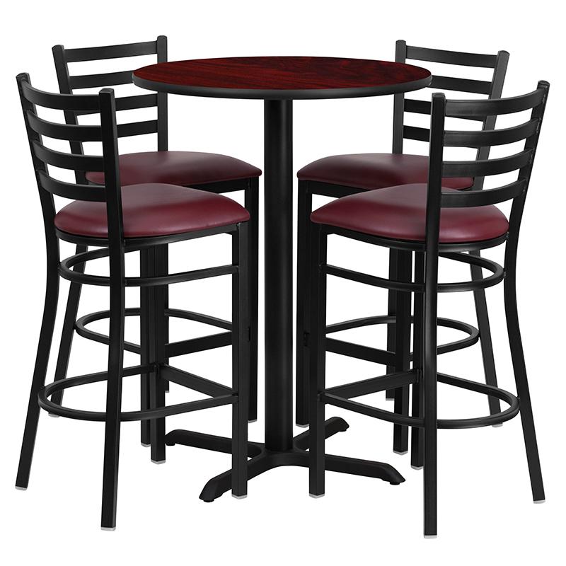Flash Furniture 30” Round Mahogany Laminate Table Set with X-Base and 4 Ladder Back Metal Barstools – Burgundy Vinyl Seat – HDBF1026-GG Hot on Sale
