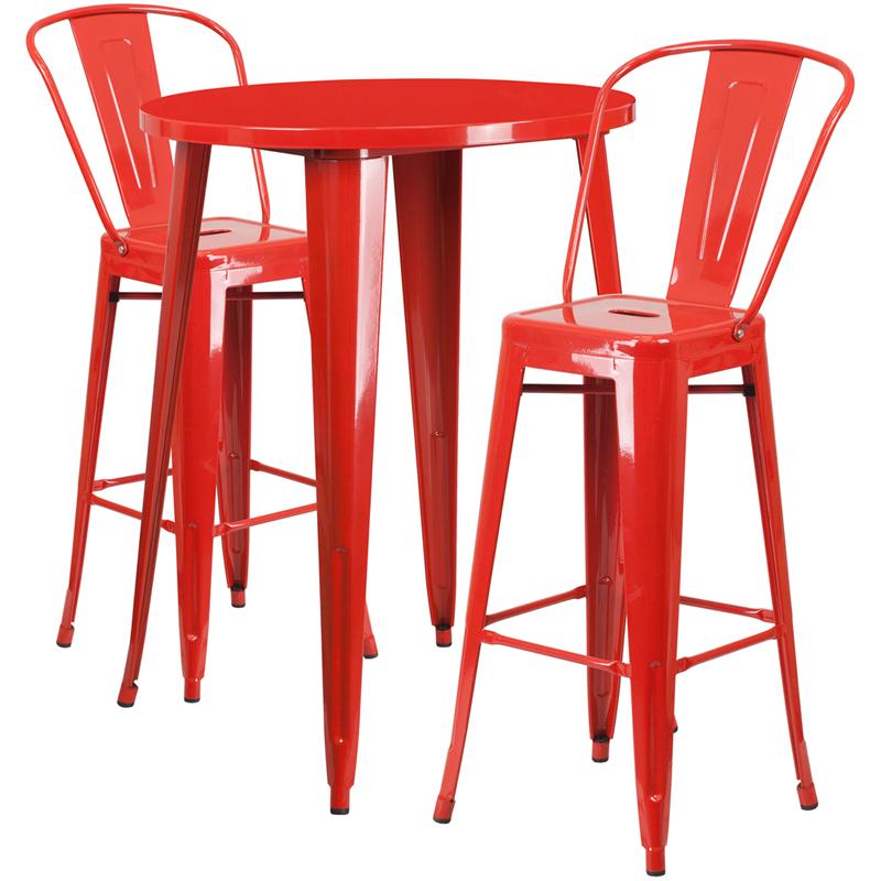 Flash Furniture 30” Round Red Metal Indoor-Outdoor Bar Table Set with 2 Cafe Stools – CH-51090BH-2-30CAFE-RED-GG on Sale