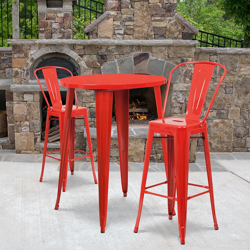 Flash Furniture 30” Round Red Metal Indoor-Outdoor Bar Table Set with 2 Cafe Stools – CH-51090BH-2-30CAFE-RED-GG on Sale