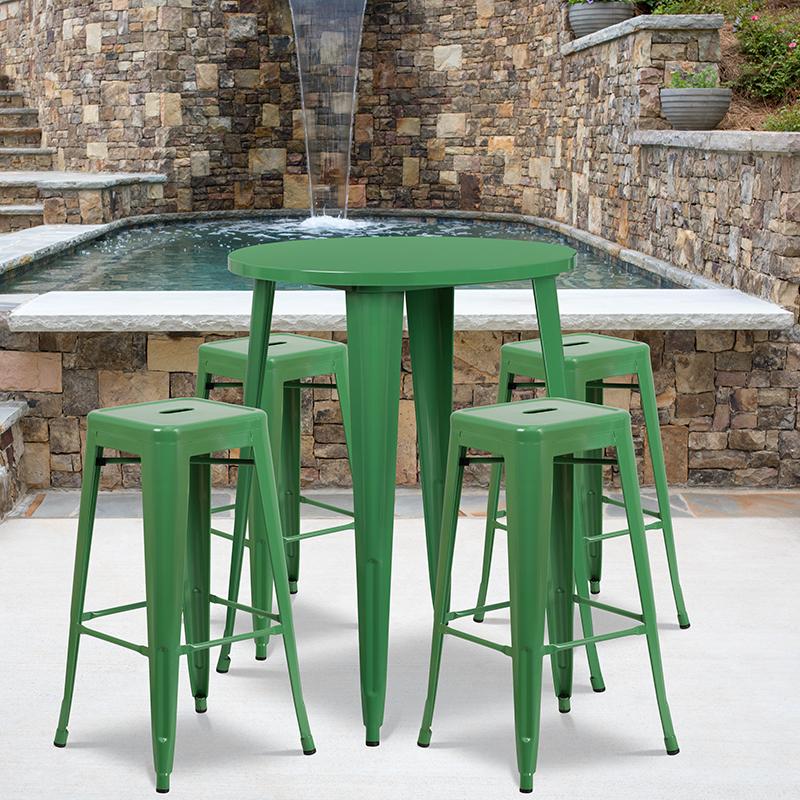 Flash Furniture 30” Round Green Metal Indoor-Outdoor Bar Table Set with 4 Square Seat Backless Stools – CH-51090BH-4-30SQST-GN-GG Sale