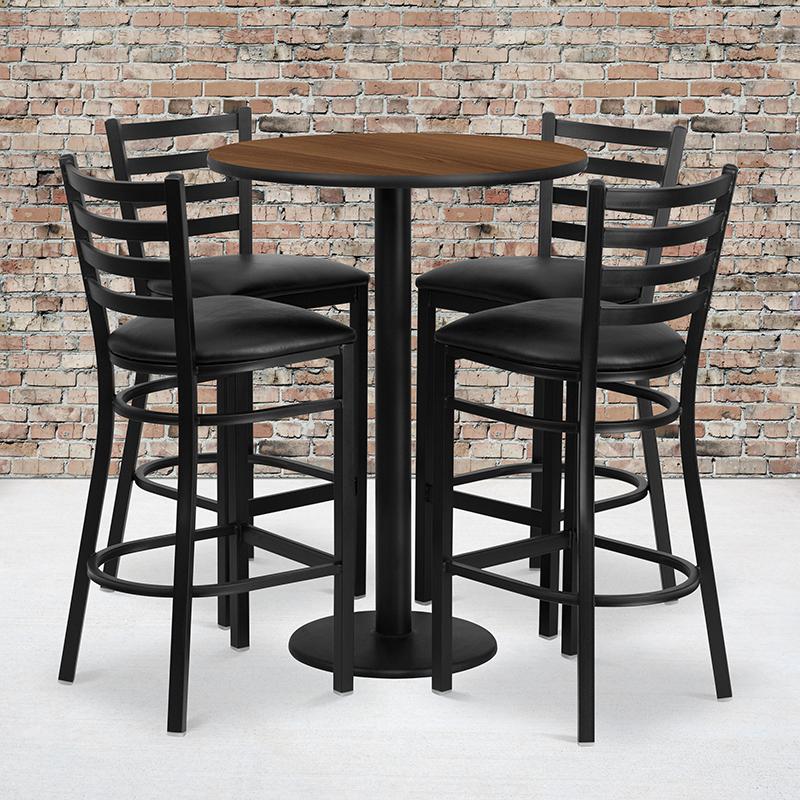 Flash Furniture 30” Round Walnut Laminate Table Set with Round Base and 4 Ladder Back Metal Barstools – Black Vinyl Seat – RSRB1024-GG Discount