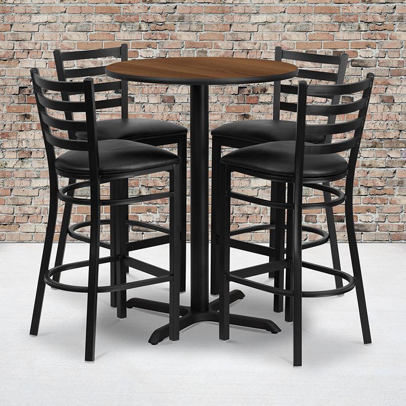 Flash Furniture 30” Round Walnut Laminate Table Set with X-Base and 4 Ladder Back Metal Barstools – Black Vinyl Seat – HDBF1024-GG Online