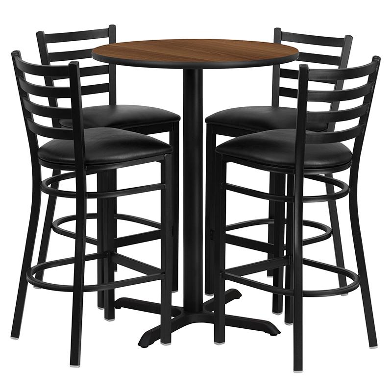 Flash Furniture 30” Round Walnut Laminate Table Set with X-Base and 4 Ladder Back Metal Barstools – Black Vinyl Seat – HDBF1024-GG Online