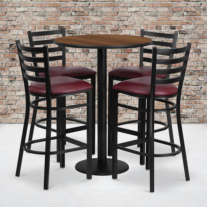 Flash Furniture 30” Round Walnut Laminate Table Set with Round Base and 4 Ladder Back Metal Barstools – Burgundy Vinyl Seat – RSRB1028-GG Fashion