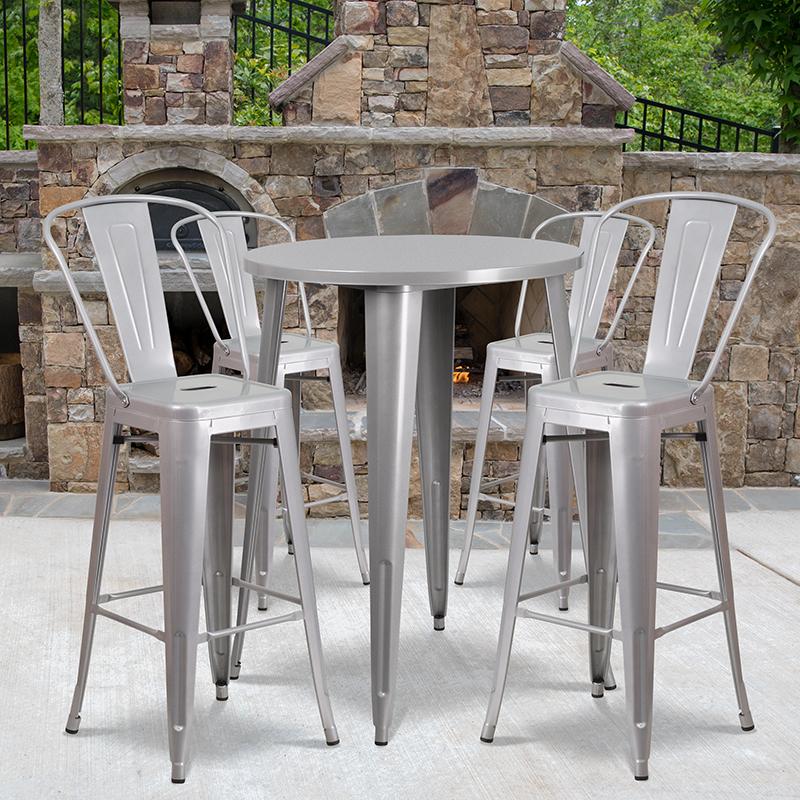 Flash Furniture 30” Round Silver Metal Indoor-Outdoor Bar Table Set with 4 Cafe Stools – CH-51090BH-4-30CAFE-SIL-GG Supply