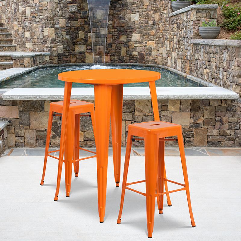 Flash Furniture 30” Round Orange Metal Indoor-Outdoor Bar Table Set with 2 Square Seat Backless Stools – CH-51090BH-2-30SQST-OR-GG Online Hot Sale