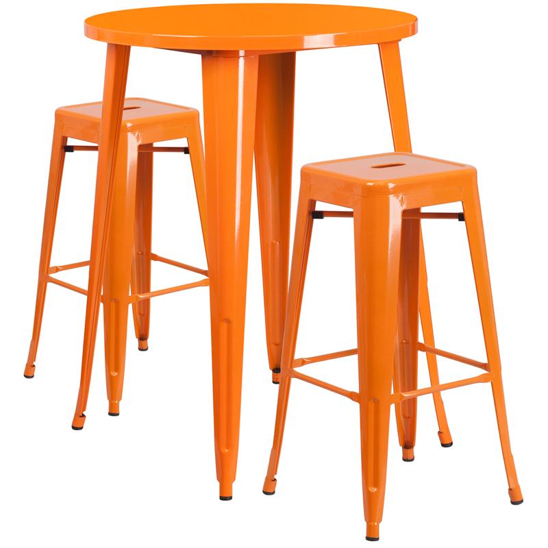 Flash Furniture 30” Round Orange Metal Indoor-Outdoor Bar Table Set with 2 Square Seat Backless Stools – CH-51090BH-2-30SQST-OR-GG Online Hot Sale