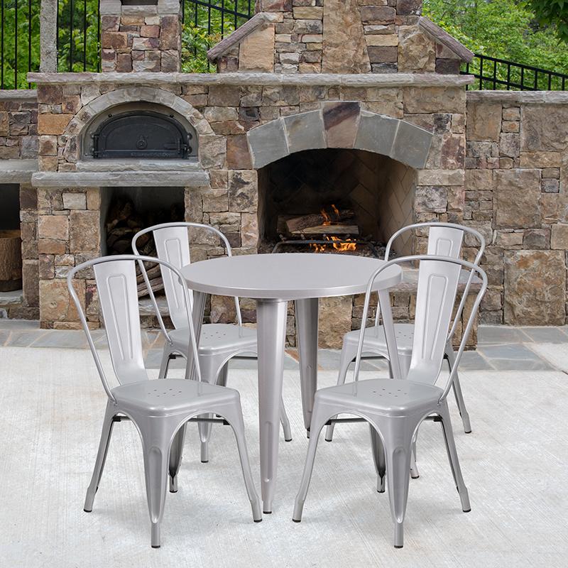 Flash Furniture 30” Round Silver Metal Indoor-Outdoor Table Set with 4 Cafe Chairs – CH-51090TH-4-18CAFE-SIL-GG on Sale