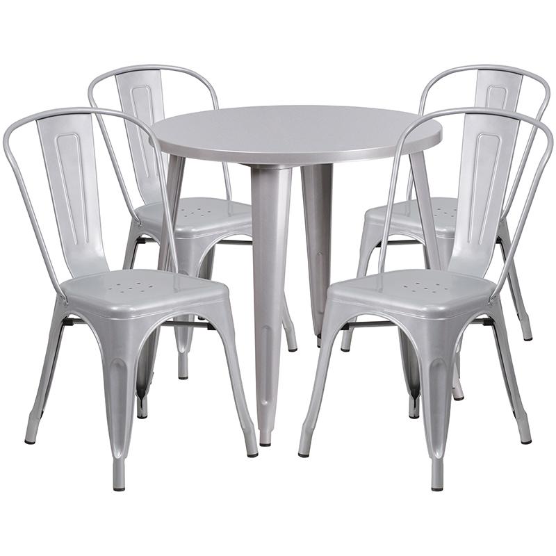 Flash Furniture 30” Round Silver Metal Indoor-Outdoor Table Set with 4 Cafe Chairs – CH-51090TH-4-18CAFE-SIL-GG on Sale