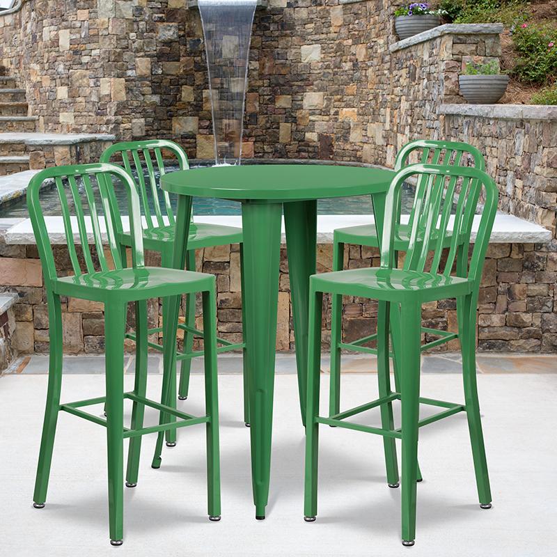 Flash Furniture 30” Round Green Metal Indoor-Outdoor Bar Table Set with 4 Vertical Slat Back Stools – CH-51090BH-4-30VRT-GN-GG Online Hot Sale