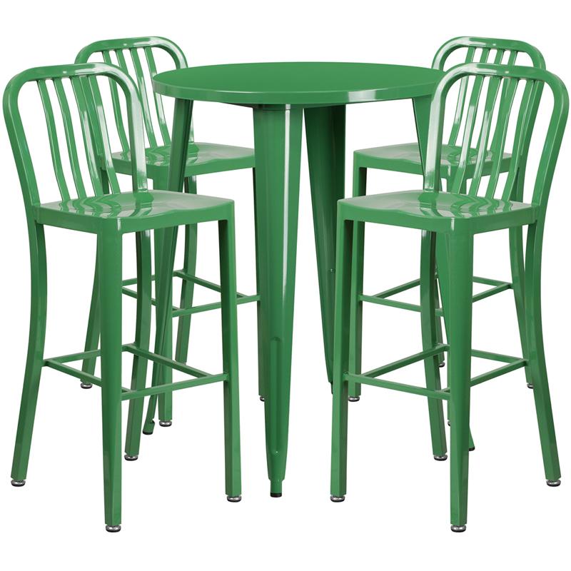 Flash Furniture 30” Round Green Metal Indoor-Outdoor Bar Table Set with 4 Vertical Slat Back Stools – CH-51090BH-4-30VRT-GN-GG Online Hot Sale