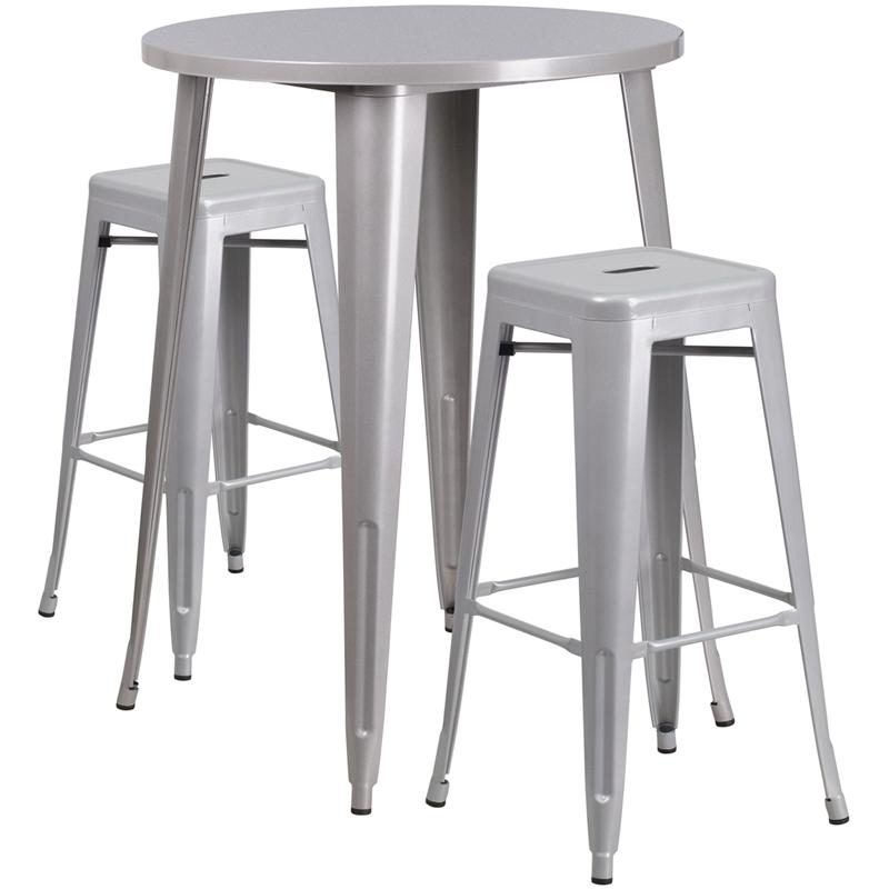 Flash Furniture 30” Round Silver Metal Indoor-Outdoor Bar Table Set with 2 Square Seat Backless Stools – CH-51090BH-2-30SQST-SIL-GG Hot on Sale